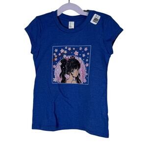 NWT Juniors Blue Short Sleeve T-shirt Japanese Anime Girl Manga Otaku Blossom XS